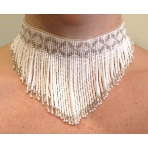 Loom Beaded Choker Necklace w/ Fringe White & Silver